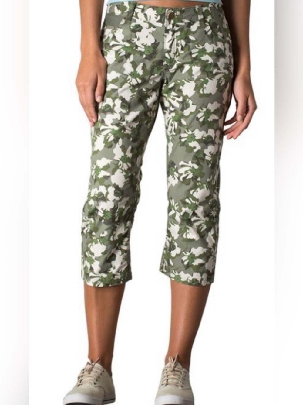 New Toad & Co Petrograph Camouflage Crop Capri Pants Dusty Olive Green Size 12